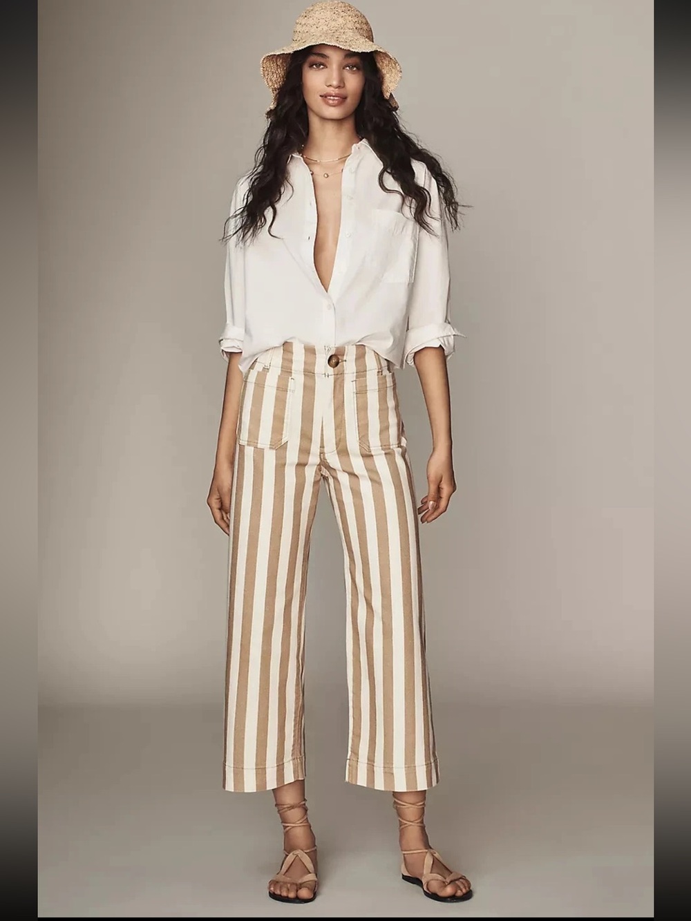 Maeve The Colette Beige & White Striped Wide-Leg Crop Pants